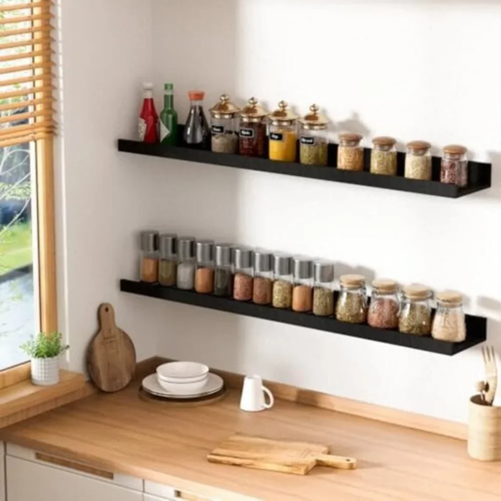 New Floating Wall Shelves, Set of 6 Black Wood Shelves for Home Decor